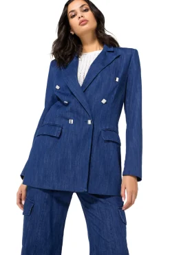 1816-24 / Licht Aansluitende Lange Soepele Jeansblazer><noscript><img width=